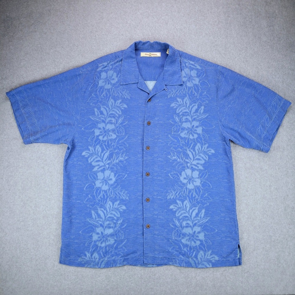 Tommy Bahama Camp Shirt Mens L Blue Silk Floral Loop Collar Short Sleeve